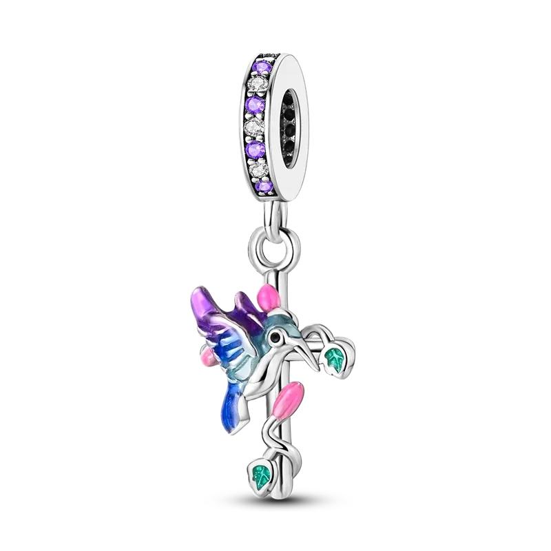 S925 стерлингового серебра милые фиолетовые подвески кошка собака бабочка цветок цепочка безопасности подвески подходят оригинальный браслет своими руками