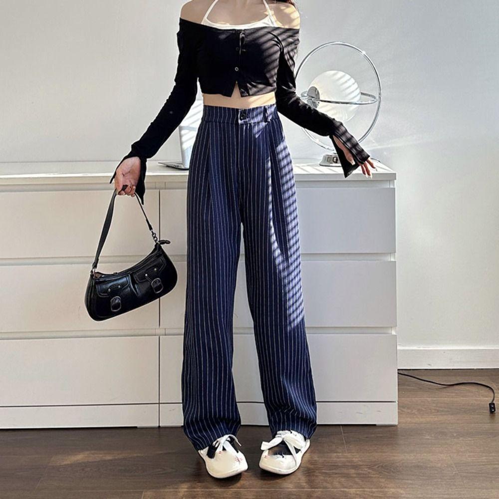 Workout Trousers Casual Pants Women High Waist Wide Leg Pants Breathable Striped Suit Pants Female