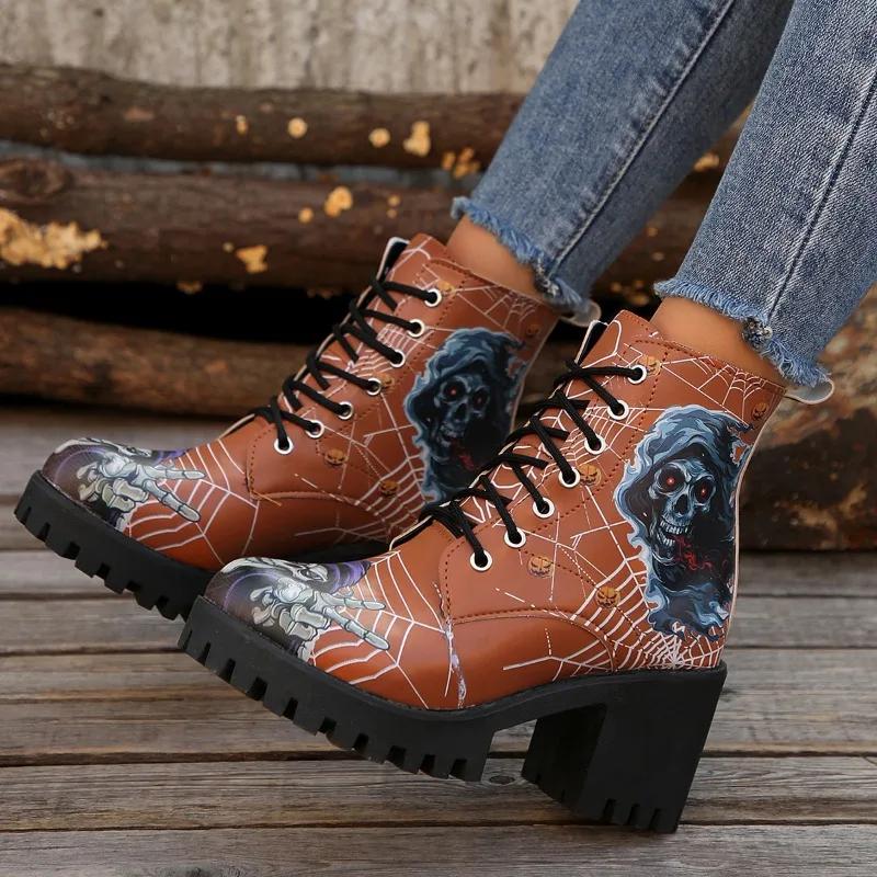2024 High Quality Shoes Female Lace Up Women's Boots Autumn Round Toe Mixed Colors Short Barrel Chunky Heels Fashion Boots