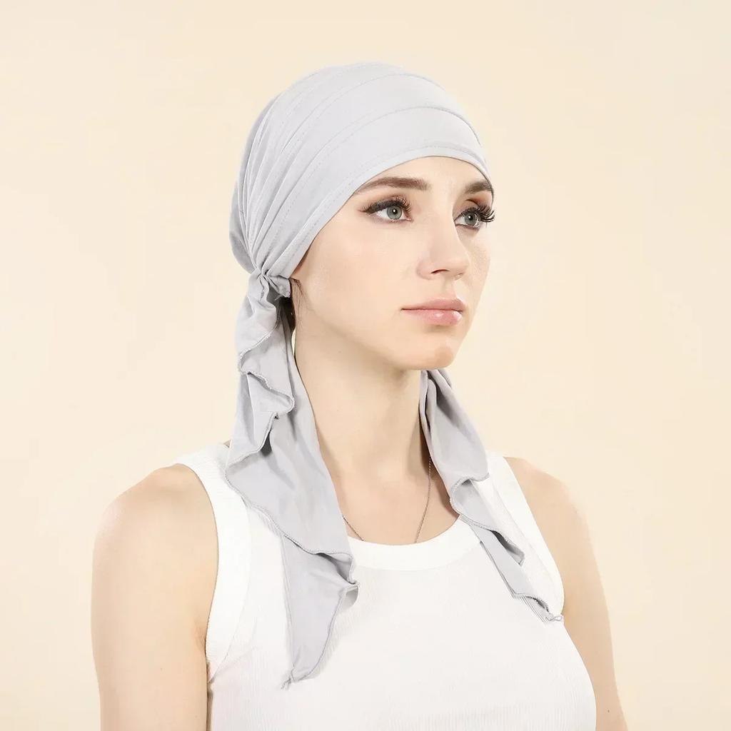 New Shimmer Pre-Tied Hat Women Muslim Hijab Turban Long Tail Headscarf Beanies Bonnet Hair Loss Chemo Cap Head Wrap Bandanas