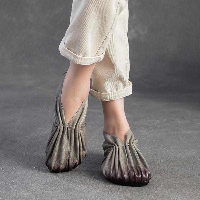 Johnature Ретро Плиссированные Балетки Ручной Работы из Натуральной Кожи с Круглым Носком на Мягкой Подошве Легкие Женские Слипоны
