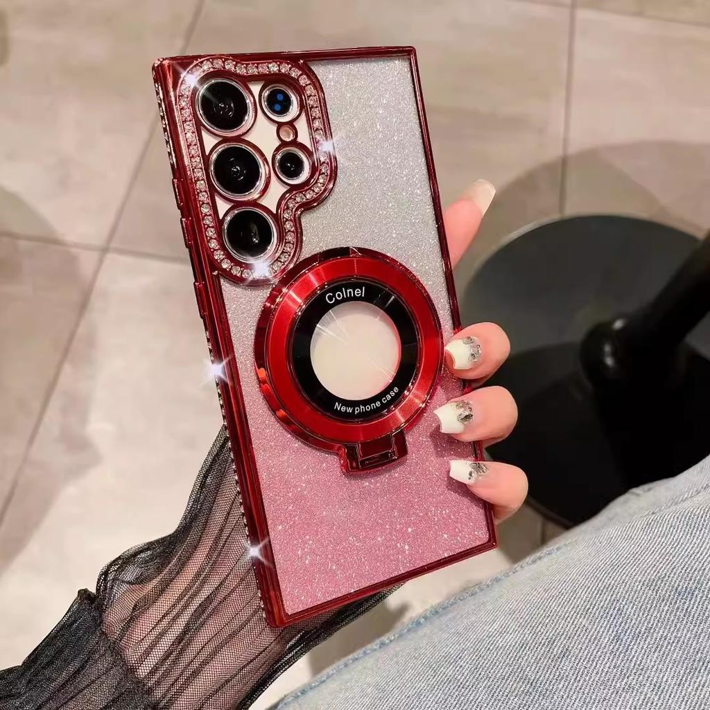 Samsung 25 Ultra Mobile Phone Case Rhinestone Flash Powder Electroplated Magnetic Bracket for Women's Model Suitable for S24 Soft Shell Anti Fall