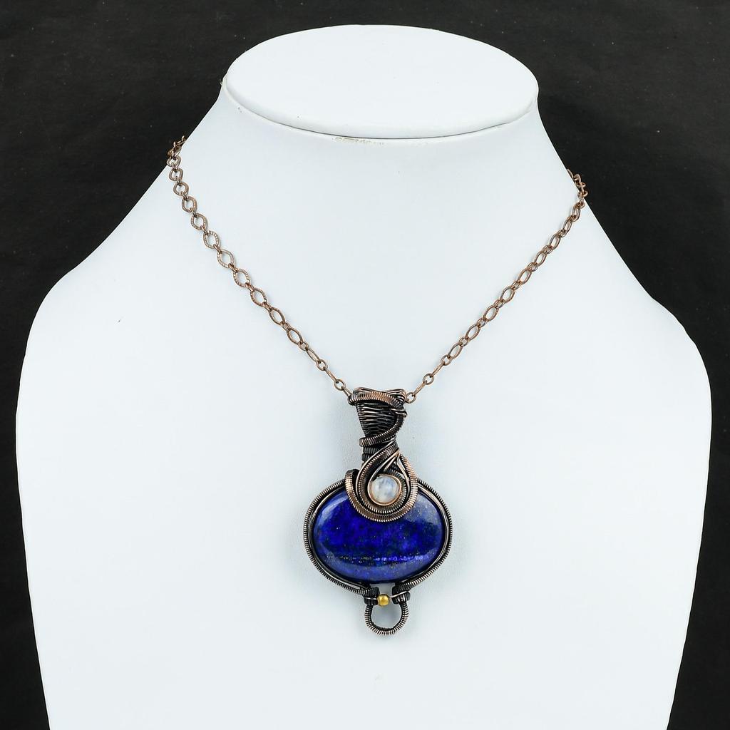 Кулон из лазурита и меди, Кулон из радужного лунного камня, Кулон, обмотанный медной проволокой, Кулон из драгоценного камня ручной работы, Медные украшения, Подарок для мамы