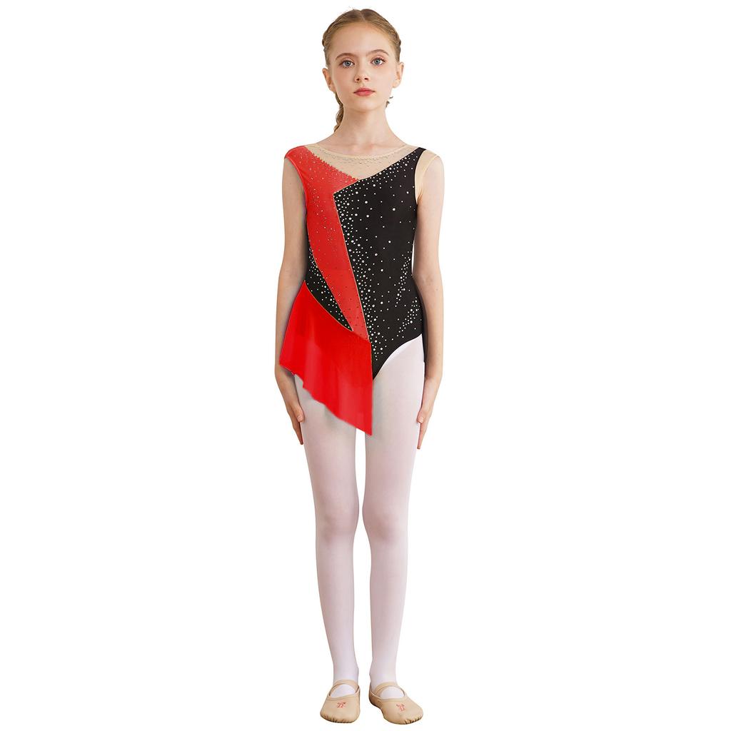 Kids Girls Sleeveless Figure Ice Skating Dress Artistic Gymnastics Leotard Competition Costume Dancewear