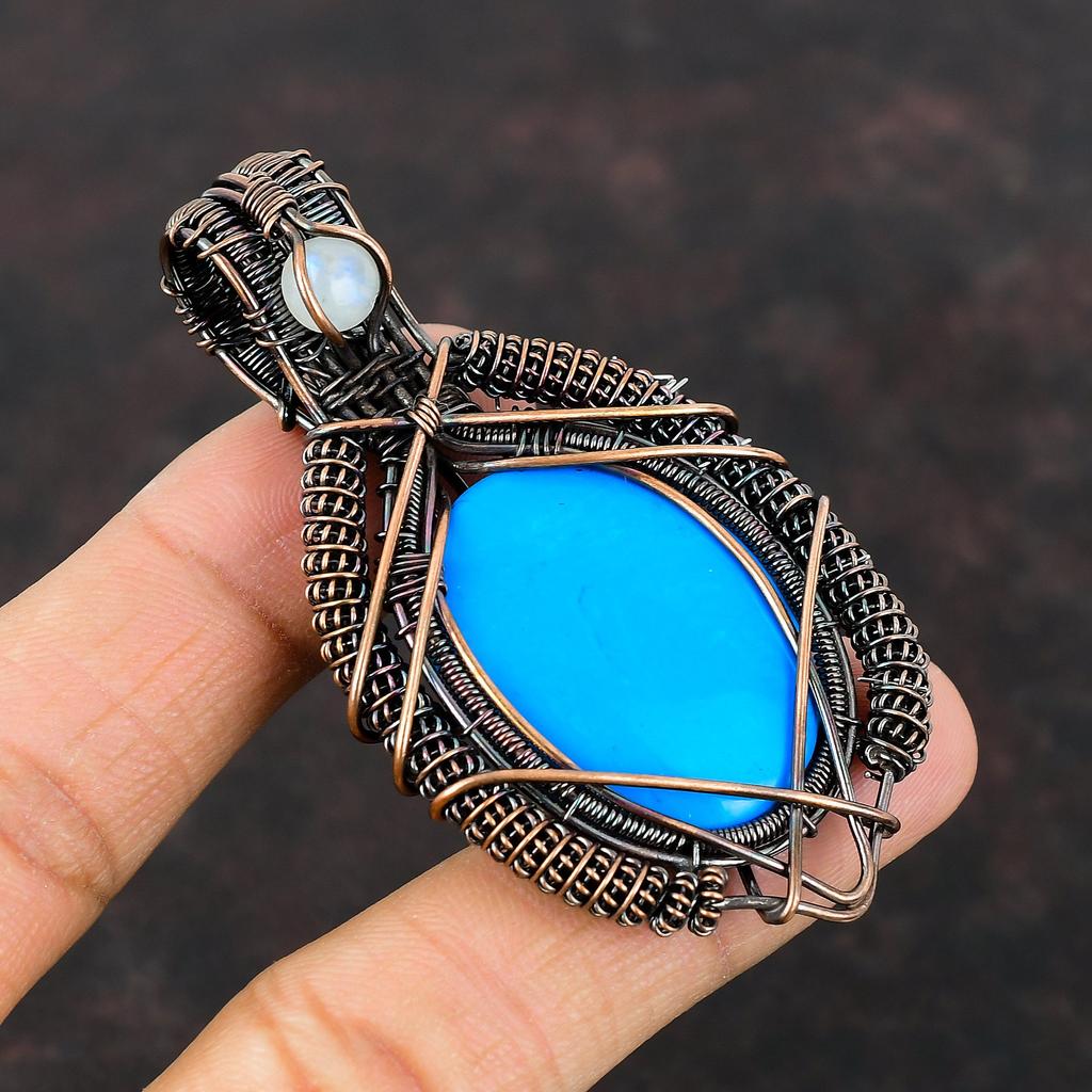 Кулон из бирюзы «Спящая красавица», обернутый медной проволокой, кулон из радужного лунного камня, ручная работа, медные украшения, кулон из драгоценных камней для подарка