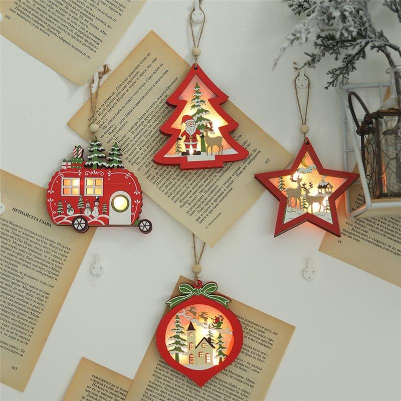LED Light Christmas Tree Star Car Wooden Pendants Ornaments Xmas DIY Wood Crafts Kids Gift for Home Christmas Party Decorations