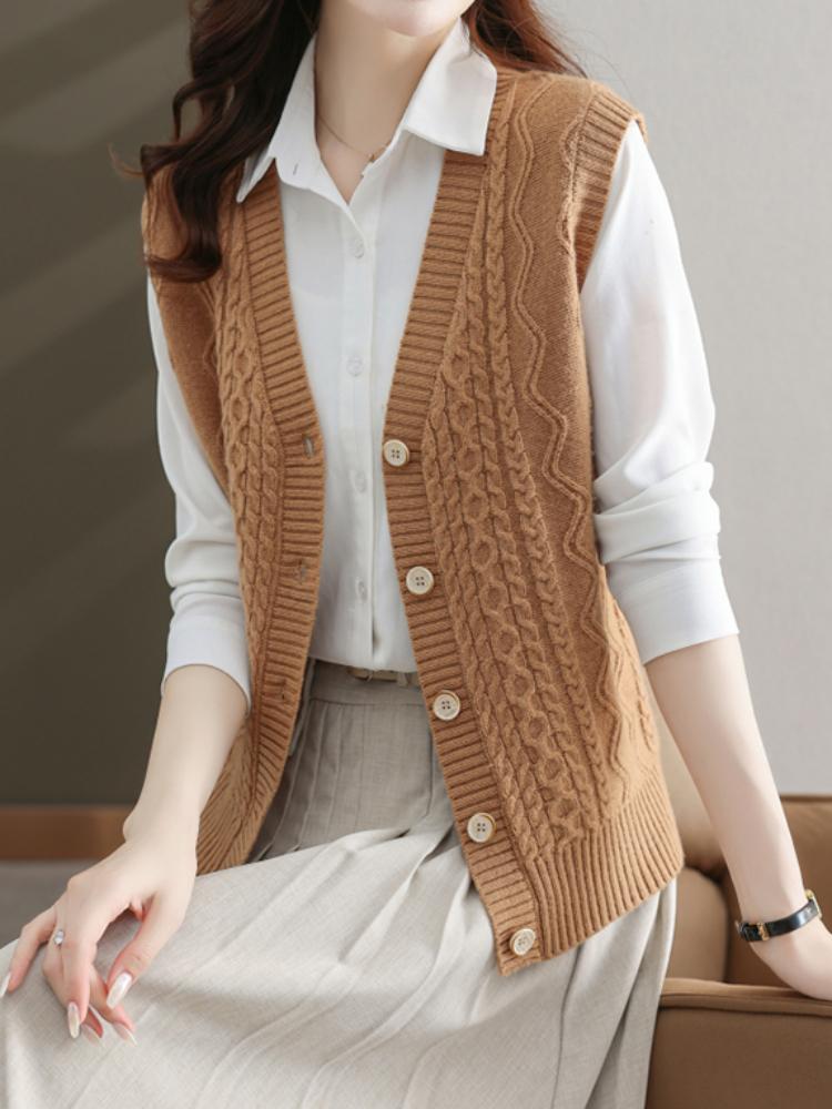 Женский шикарный трикотажный жилет из полиэстера | Жилет-свитер с V-образным вырезом и косами | Однотонный трикотаж без рукавов | Модный многослойный топ на осень/зиму