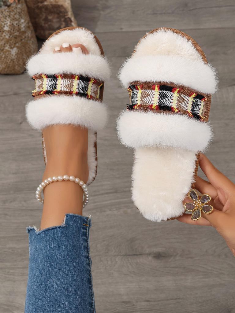 Fashion 2024 French Winter Ladies Slippers Non-slip Comfortable Flat Women Shoes Home Warm Women Fur Slippers Versatile Zapatos De Mujer