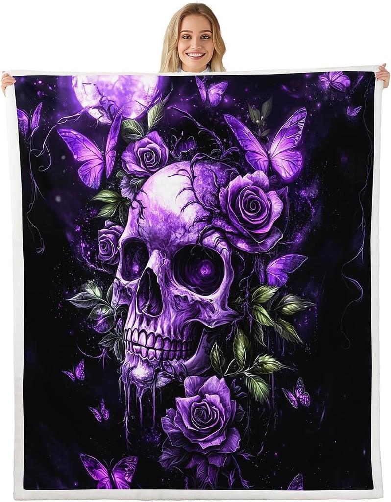 GUOYU Blanket Gothic Skull Fleece Blanket Baby Happy Halloween Sherpa Blanket Ghost Skull Goth Fuzzy Plush Throw for Adults Men WomenHorror