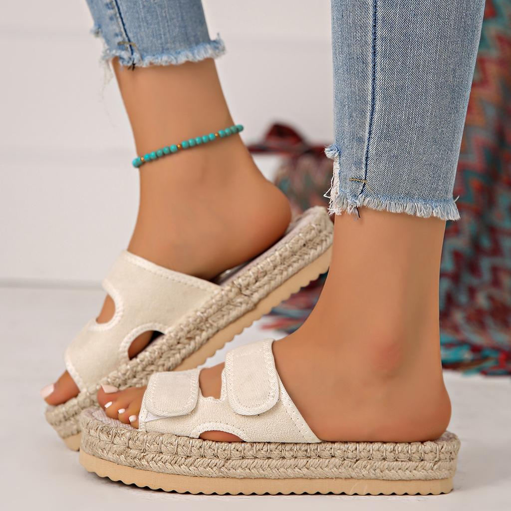 Повседневная нескользящая уличная обувь, шлепанцы на толстой подошве, женские 2025 лето, новинка, нишевые шлепанцы на липучке, с подошвой из пеньковой веревки, прохладные шлепанцы с перемычкой