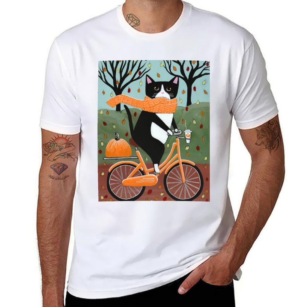 Autumn Bicycle Ride Tuxedo Cat T-Shirt T Shirt Man Plain Men T Shirt Cotton 100% T Shirt Man Casual T-Shirt