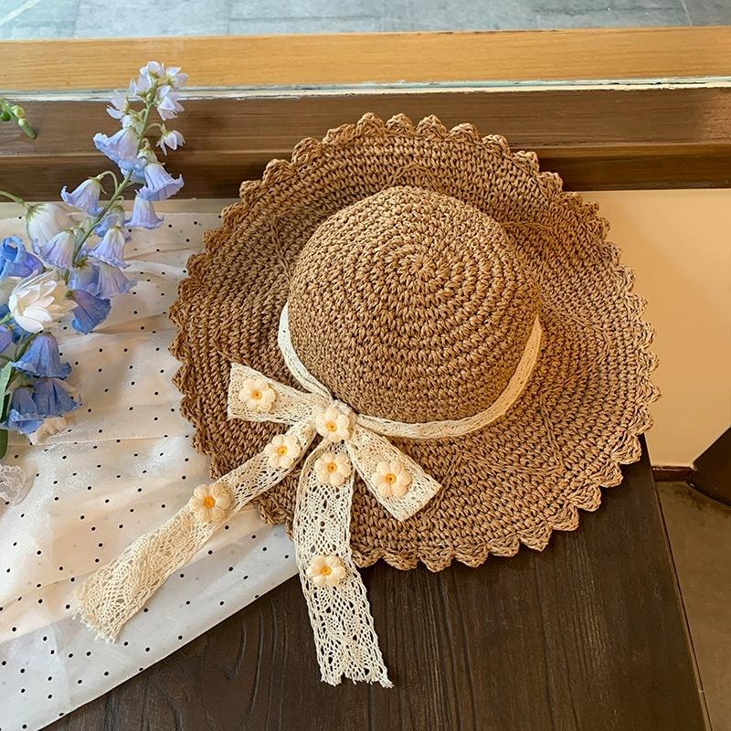 Women's Summer French Style Floral Lace Bowknot Straw Hat Beach Vacation Wide Brim Sun Protection Sun Hat