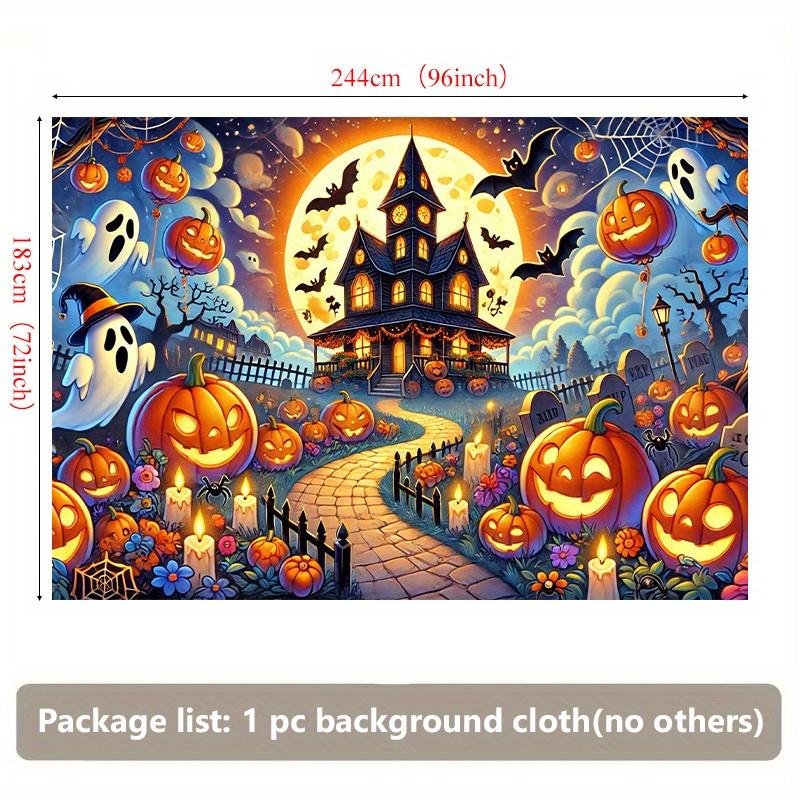 2D flat, 8x6 feet Halloween background banner - Haunted house, with pumpkin lanterns.PMJ