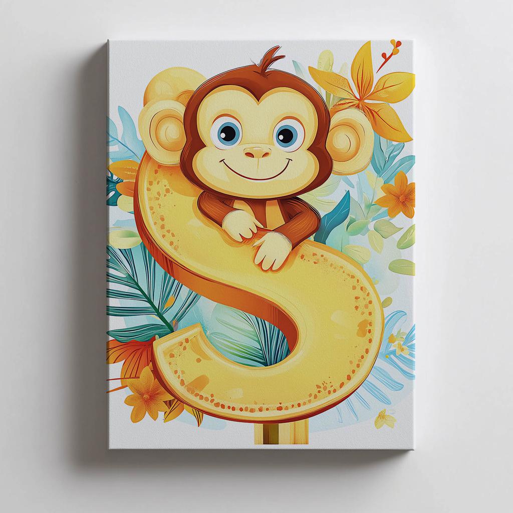 Poster Cheerful Monkey And Letter S Poster Cheerful Monkey And Letter S, 40X50 Cm, Gold Aluminum Frame, 230 Gsm Matte Paper