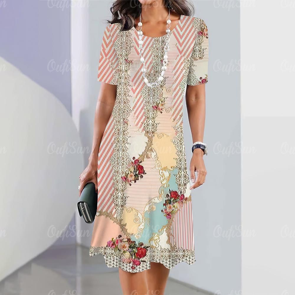 2025 Новые женские платья с принтом в стиле барокко Летнее элегантное платье Женские платья с коротким рукавом Модная одежда больших размеров