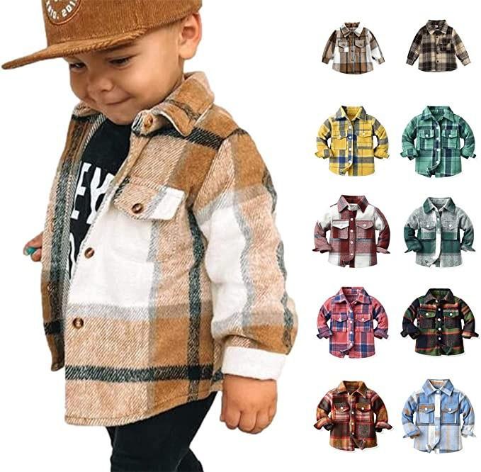 Kids Toddler Flannel Shirt Jacket Plaid Long Sleeve Lapel Button Down Shacket Baby Boys Girls Fall Shirt Coat Outwear