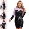 Women's Sexy Dress Patent Leather Long Sleeve Pencil Dress Club Party Bodycon Mini Dress