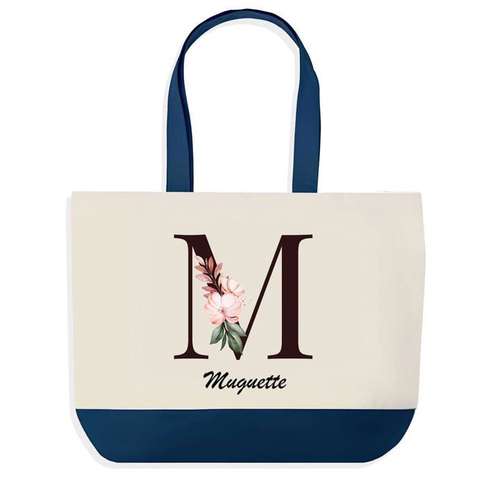 Tote bag - PLANETEE - Muguette Lettre Fleur - fond bleu - coton 40x45 cm - grand format