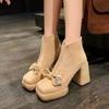 Bow Crystal High Heels Ankle Women Boots Square Toe Platform Suede Shoes Elegant Office Shoes Winter Trend Party Fad Botas Mujer