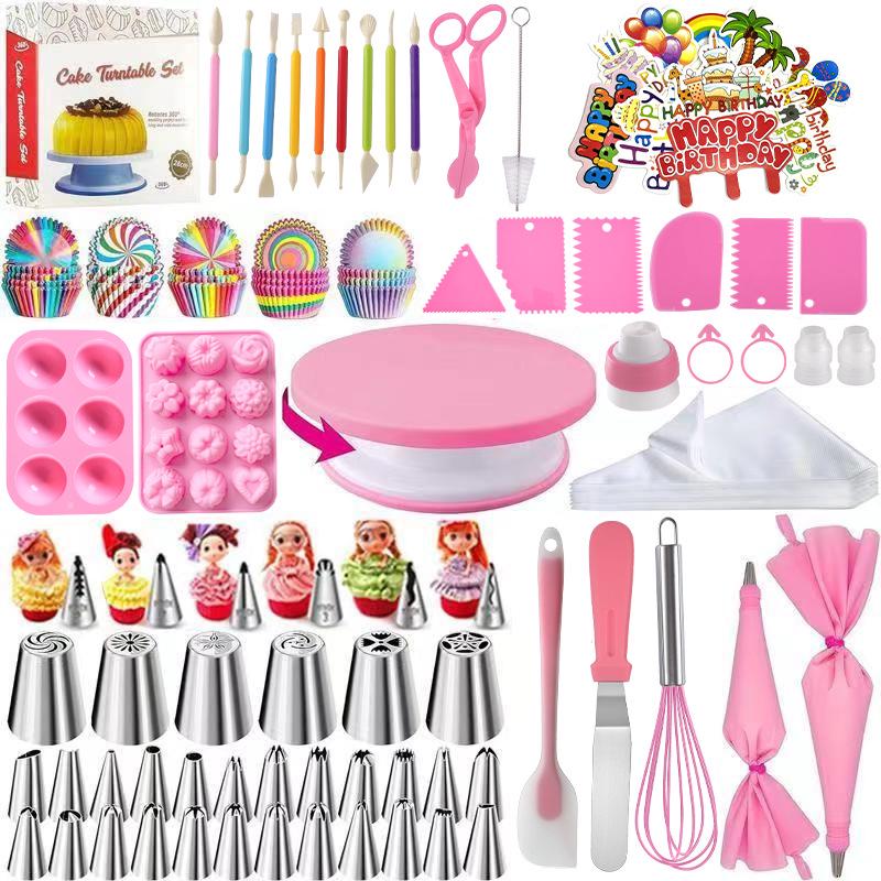 Набор для украшения торта из 320 предметов: Поворотный столик, Насадки, Кондитерские мешки, Скребки, Лопатки, Формочки для маффинов