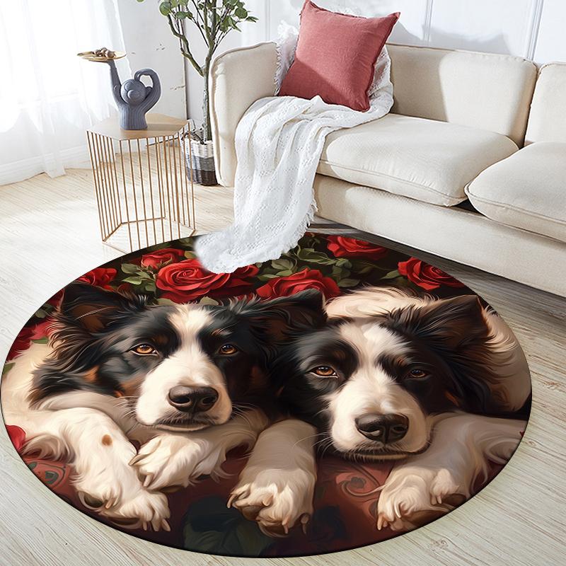 Border Collie and Fresh Flowers pattern round rug,Carpet Rug for Living Room Bedroom Playroom ,Non-slip Floor Mat,Holiday Gifts and Birthday Gifts.