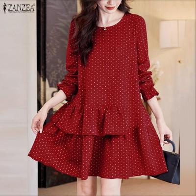 Женское повседневное платье с круглым вырезом, длинным рукавом, свободного кроя, в горошек