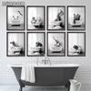 Nordic Bathroom Decoration Poster Elephant Giraffe Bathtub Animal Black White Canvas Painting Retro Wall Art Prints Home Decoration