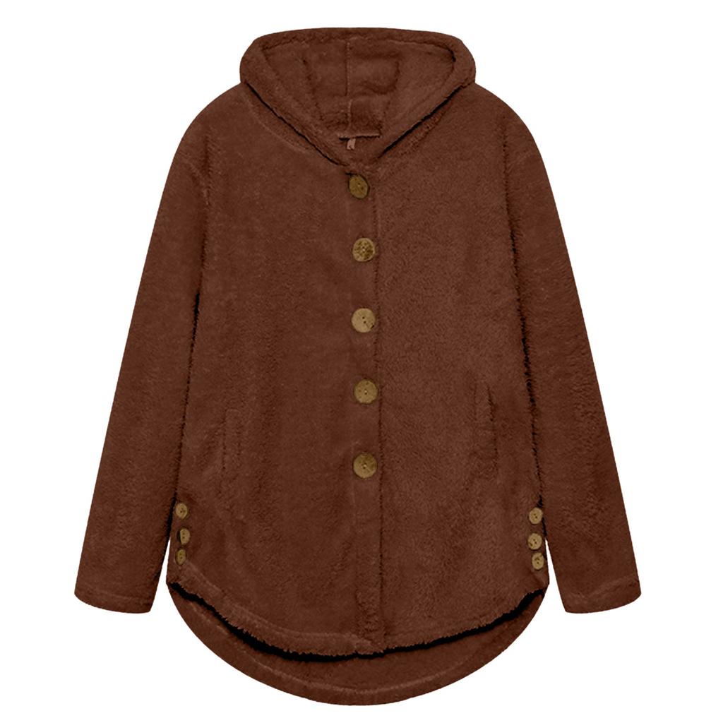 Женская свободная повседневная однотонная плюшевая куртка с капюшоном и длинными рукавами на пуговицах, модная куртка