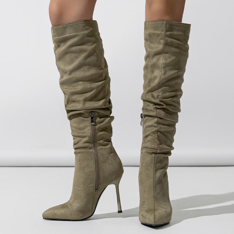 Женские новые модные высокие сапоги 2024 года с плиссированным дизайном в ковбойском стиле с острым носком, сексуальные зимние теплые сапоги на шпильке с высоким каблуком Botas Mujer