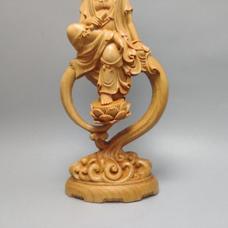 Wood Carving Guanyin Bodhisattva Sculptures and Figurines Home Room Office Wealth Luck Feng Shui Decor Buddha Wood