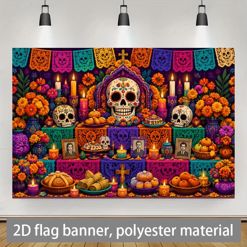 2D planar flag 2D plane - 1 piece of 2D flag - Halloween-themed banner background fabric with painted sugar skulls