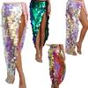 Womens Halloween Long Belly Dance Hip Skirt Sparkly Sequin Lace-Up Mermaid Hip Scarf Wrap Festival Dance Costumes