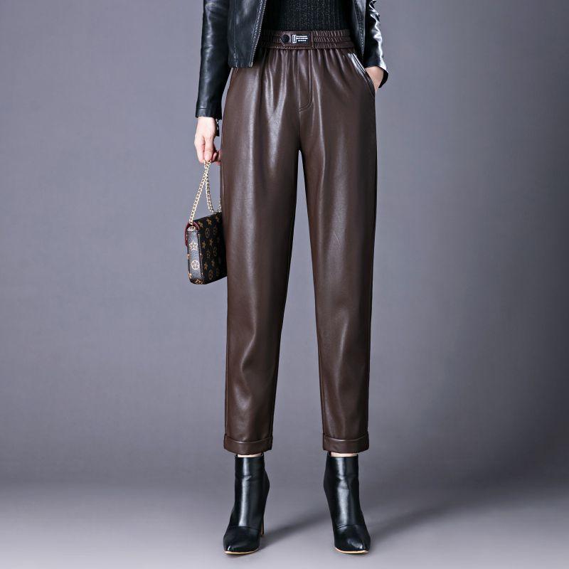 Плотные кожаные брюки с высокой талией и размером 9 дюймов плюс, новый зимний стиль, свободные повседневные брюки Haren