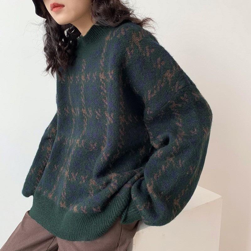 Осень Зима Корейский Ретро Вязаный Пуловер Женский Круглый Вырез Длинный Рукав Свободный Свитер с Узором Тысяча Птиц Мягкий Удобный Универсальный