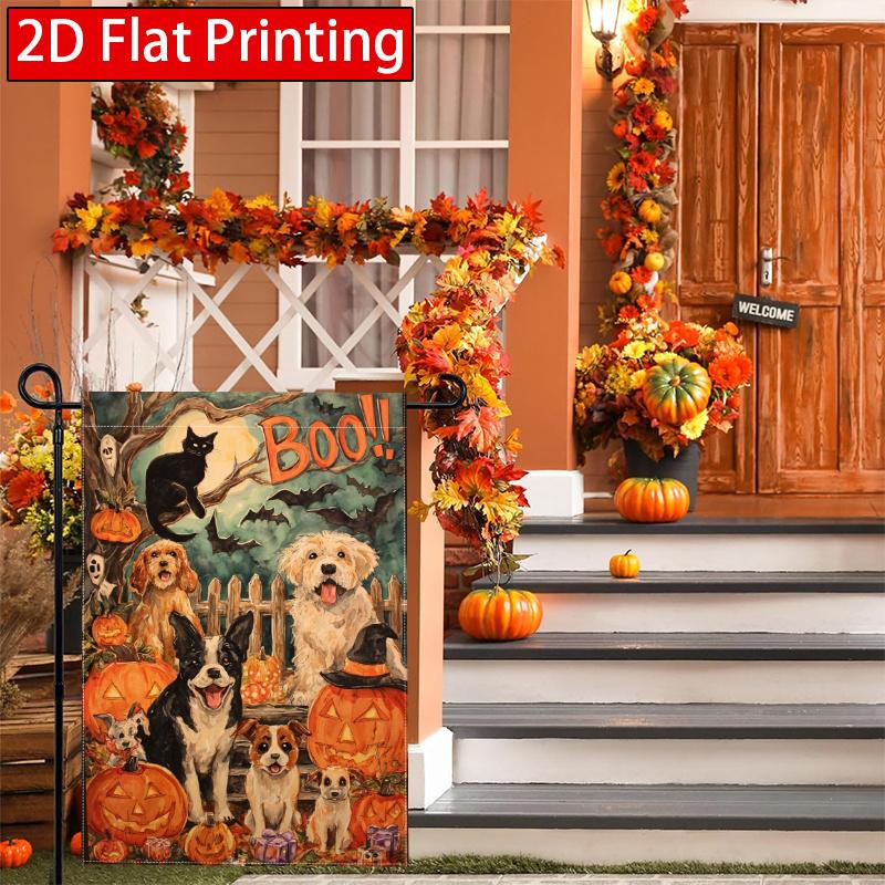 2D Flat - 2D Flat, Halloween Ghost Dog Ghost Terrifying Ghost Bat Pumpkin Garden Flag 2-28X40 Inches Outdoor Garden Flag Double-Sided Home Decoration
