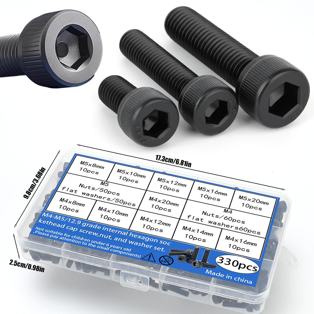 330pcs/M4 M5 12.9 grade black internal hex socket head cap screws, nuts, and flat washers set, DIN912 metric bolts and fasteners