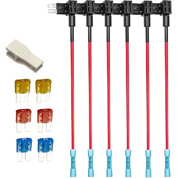 4pcs 12V-24V Add-a-Circuit Micro2 Fuse Tap, Piggy Back Blade Fuse Holder with Wire Harness, 6 pcs Micro 2 Fuse (5A 10A 15A) and Fuse Puller