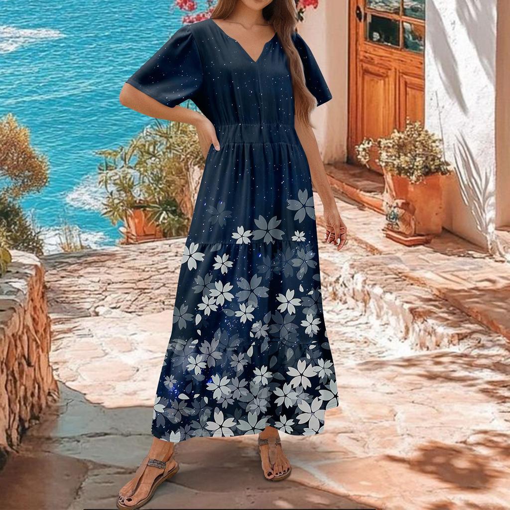 Women's  Summer Floral V Neck Maxi Dress Short Sleeve High Waist A Line Tiered Flowy Boho Vacation Dresses
