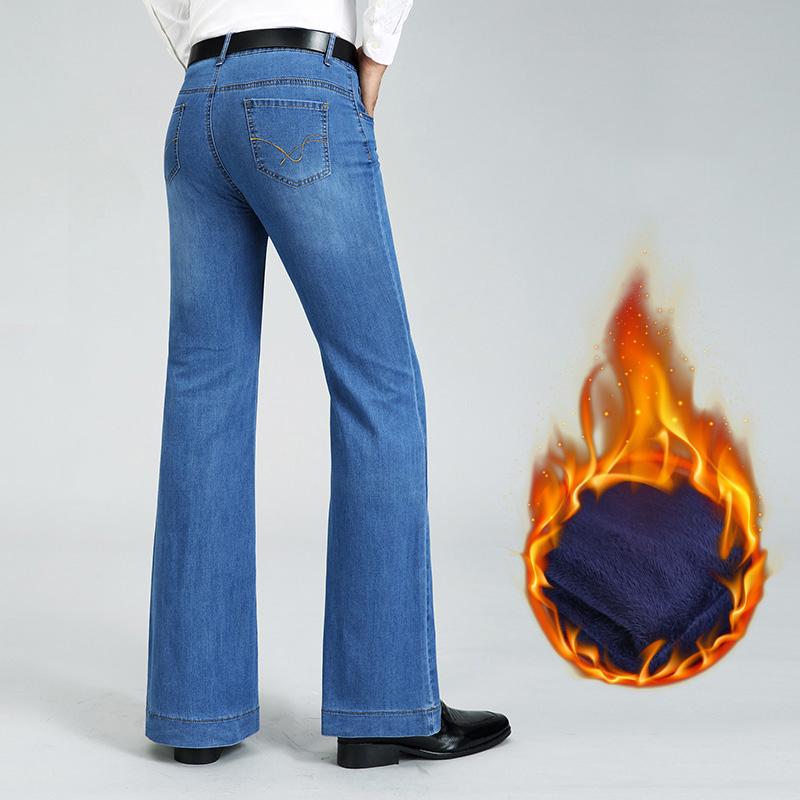 Мужские зимние флисовые джинсы буткат средней посадки Мужские эластичные расклешенные джинсы средней посадки