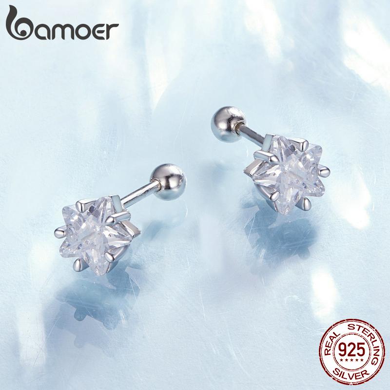 BAMOER, серьги-гвоздики из стерлингового серебра 925 пробы с кристаллами и звездами, серьги-гвоздики с кубическим цирконием для женщин, романтические изящные ювелирные изделия, подарок