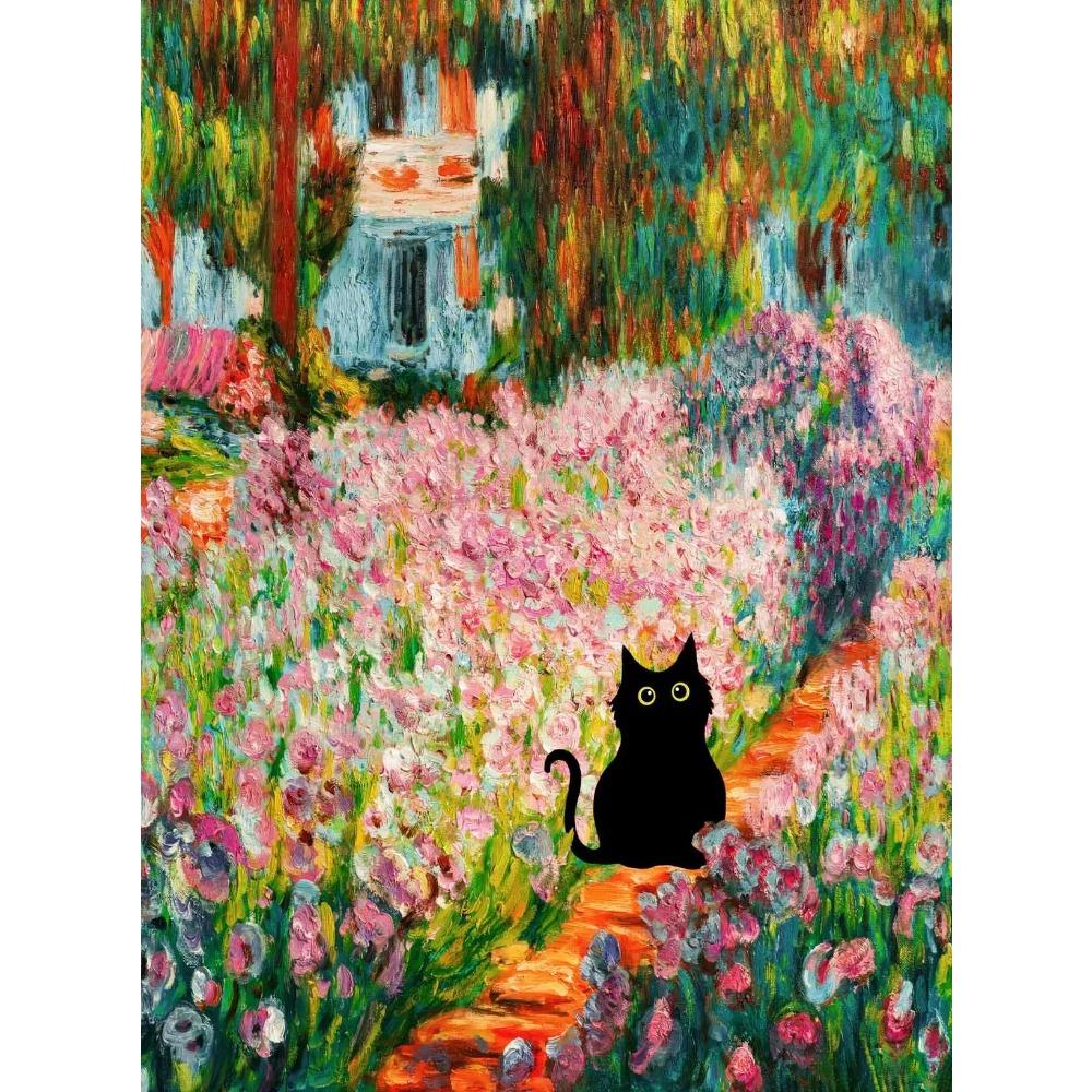 1pc Frameless Claude Monet Artworks Interesting Cute Black Cat Lotus Pond Poster Canvas Paintings for Living Room Home Decor
