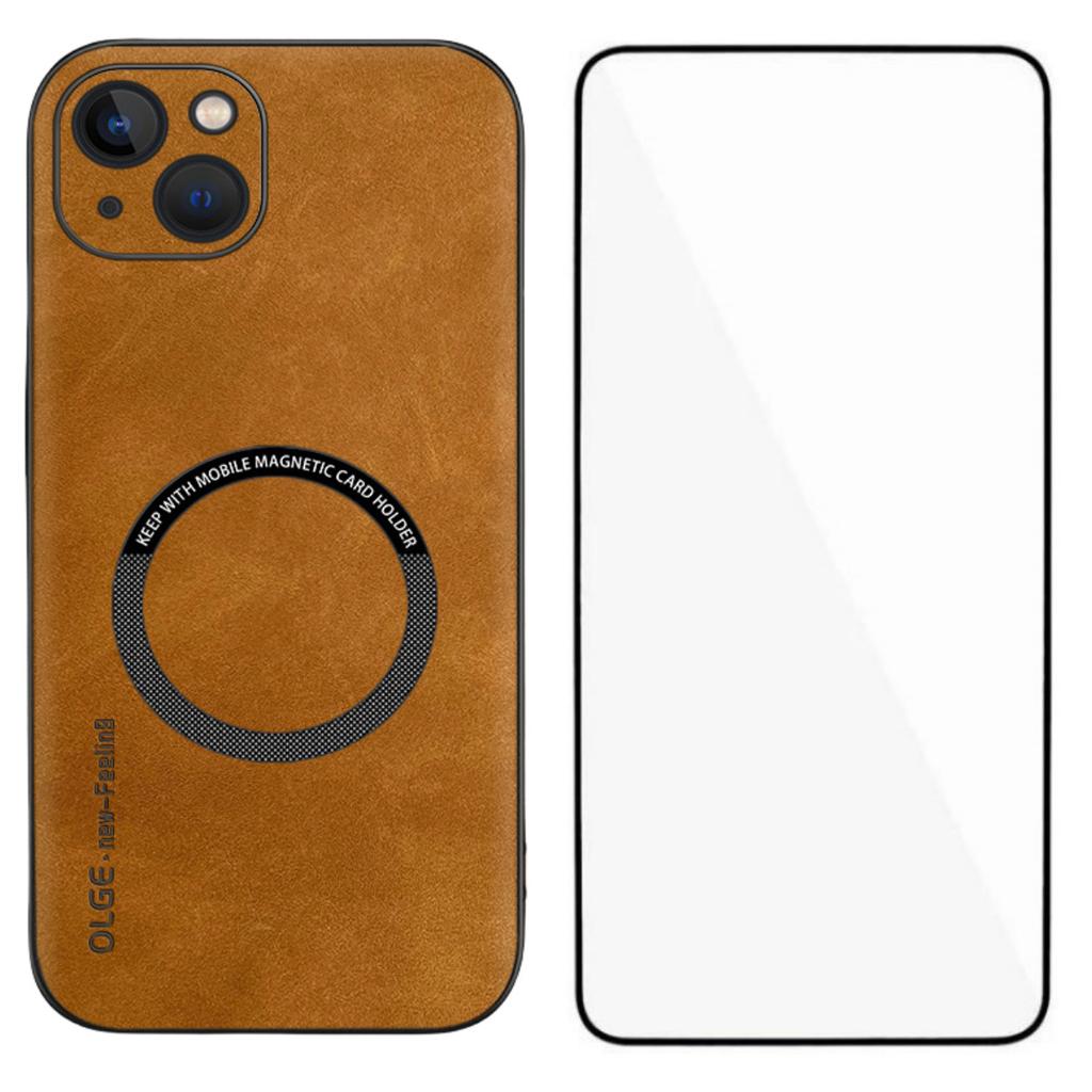 For iPhone 14 Magnetic Case with Tempered Glass Film PU Leather+TPU Phone Cover Precise Cutouts