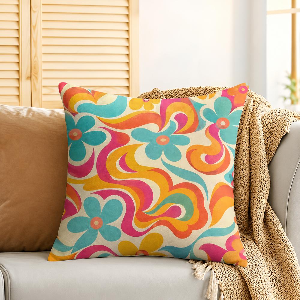Groovy Retro Flowers Cushion Cover Silky Short Plush Invisible Zipper Dustproof Sofa Pillow Case For Home Decor