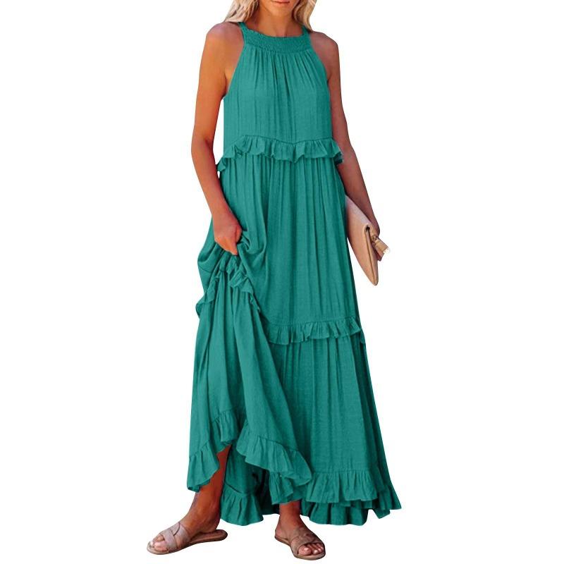 Fashion Elegant Sleeveless Ruffled Maxi Long Dress New O Neck Loose Casual Simple Summer A-line Beach Dresses Female Pleated Solid Color Clothing