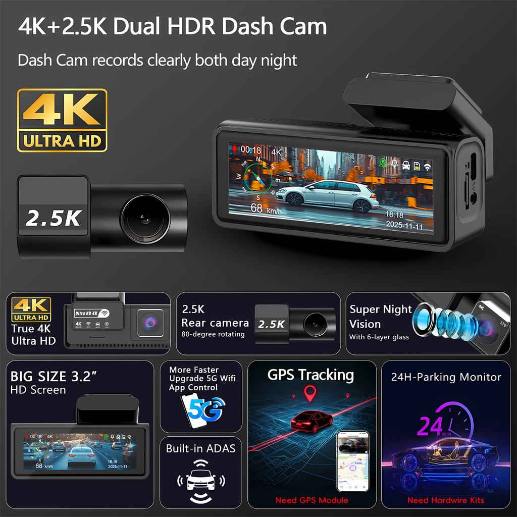 4K+2.5K Dash Cam Dual Lens 2160*3840P Recording Car Camera Built-In WiFi GPS DVR Dashcam Night Vision Video Recorder 24H Parking