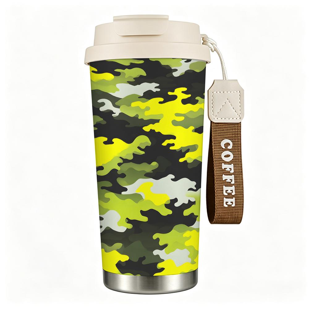 Neon Green Camo Pattern Stainless Steel Insulated Coffee Tumbler Vacuum Travel Mug Leakproof Reusable Cup for Outdoor Camping Commute