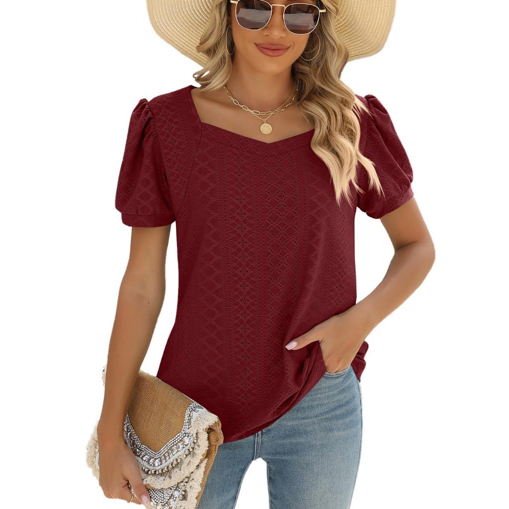 Весна Лето Новый Женский Однотонный Квадратный Вырез Рукава-фонарики Короткий Рукав Футболка Свободный Повседневный Топ Для Отдыха