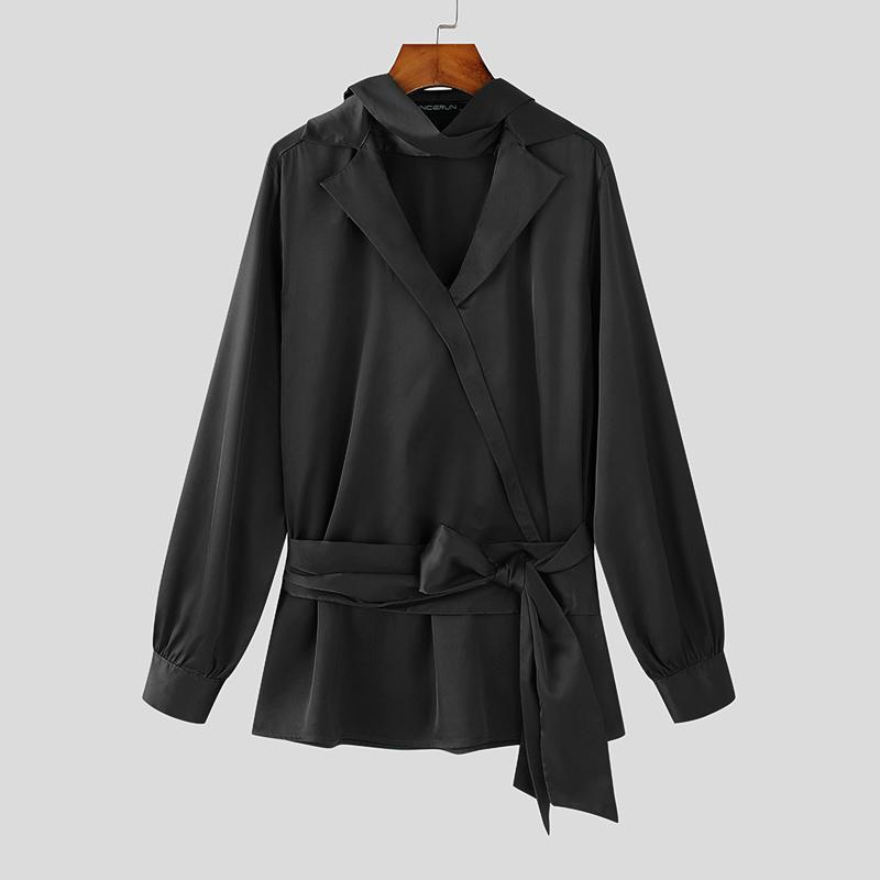 INCERUN Men V Neck Satin Shirts Solid Bandage Casual Party Tops