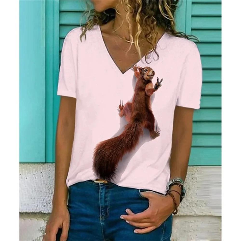Летние футболки с изображением животных и забавной белки в формате 3D, женская повседневная уличная одежда, футболка с коротким рукавом и V-образным вырезом, футболки Harajuku, топы, одежда