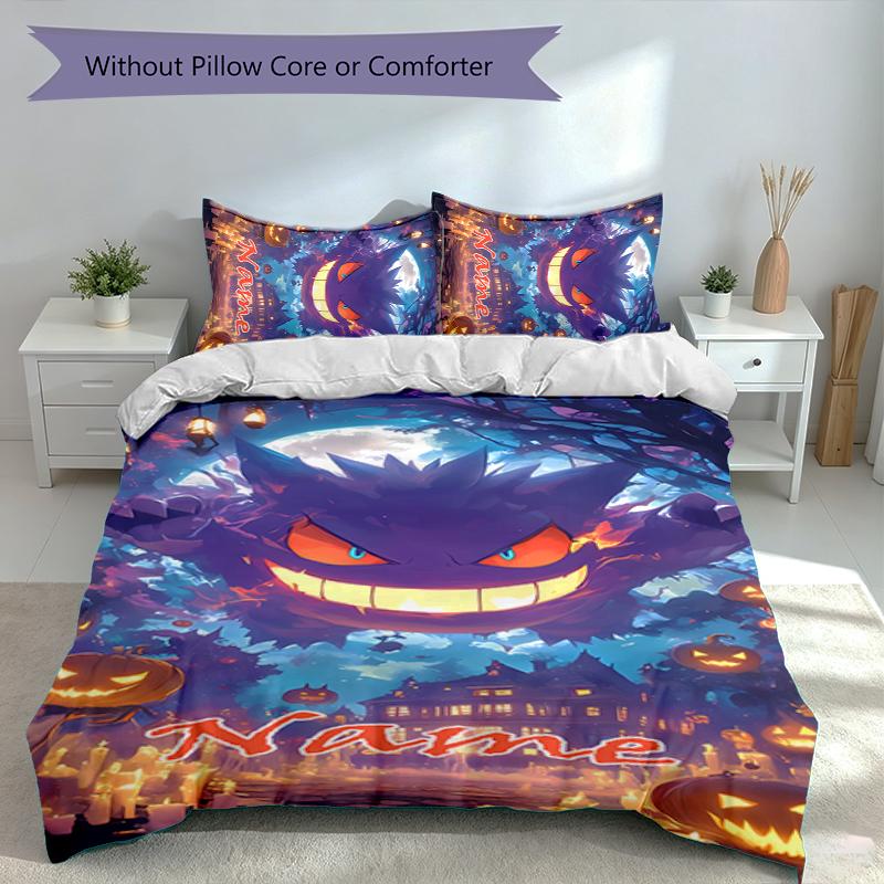 3pcs Custom Name Pokémon Gengar Bedding Set,Includes 1 Duvet Cover and 2 Pillowcases,All-season Bedroom Decor